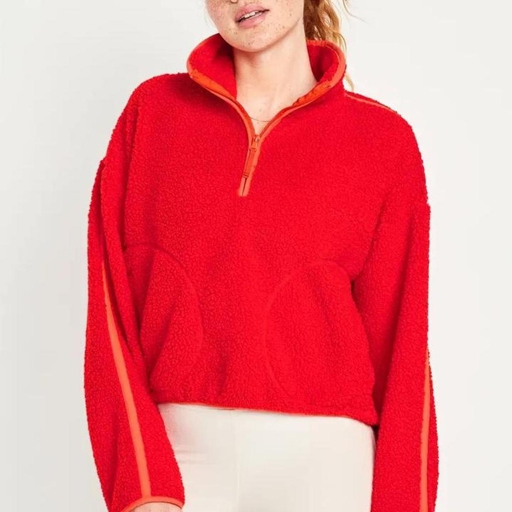 Red Fleece Pullover with Orange Accents